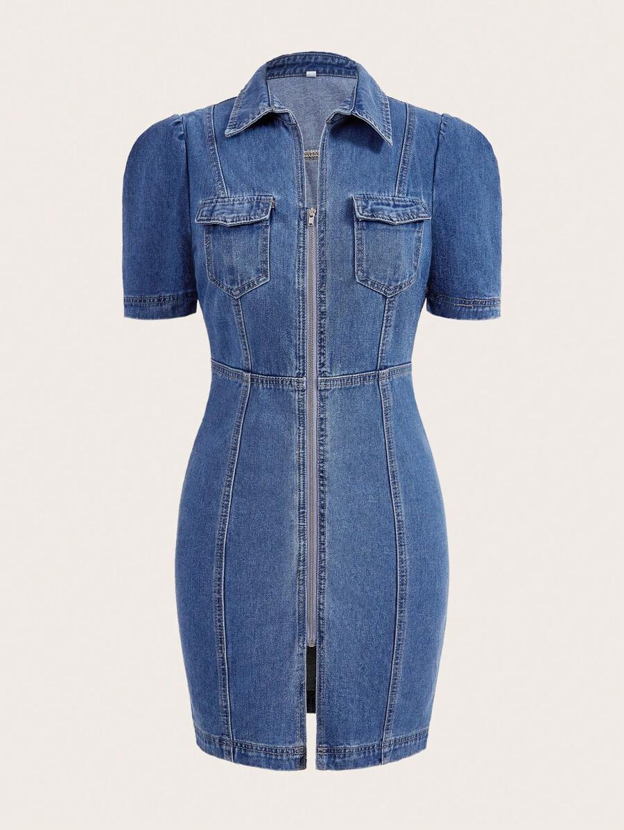 SHEIN Essnce 翻蓋口袋拉鏈開襟下擺開叉牛仔洋裝 - 深色水洗藍 - 查看 1