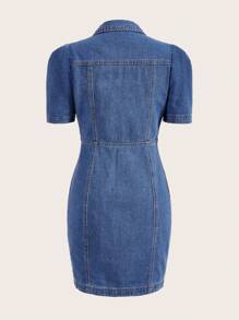 SHEIN Essnce 翻蓋口袋拉鏈開襟下擺開叉牛仔洋裝 - 深色水洗藍 - 查看 2