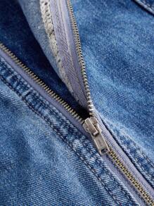 SHEIN Essnce 翻蓋口袋拉鏈開襟下擺開叉牛仔洋裝 - 深色水洗藍 - 查看 3