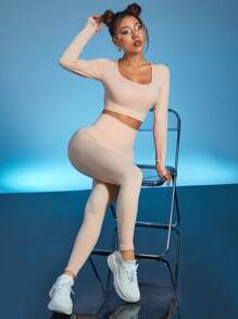 無縫高彈力運動T恤和緊身褲 - 杏色 - 查看 1