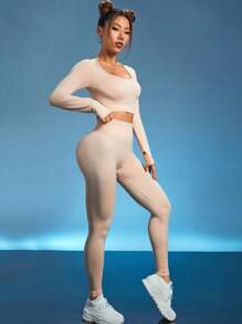 無縫高彈力運動T恤和緊身褲 - 杏色 - 查看 4