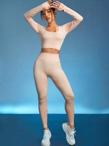 無縫高彈力運動T恤和緊身褲 - 杏色 - 查看 5