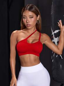 Easithlete 单肩镂空运动上衣修身衬衫 - 酒紅色 - 查看 4