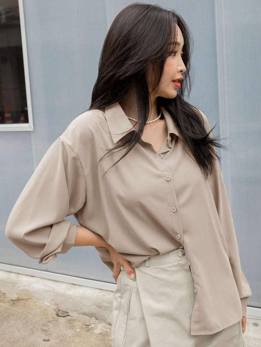 DAZY Solid Button Front Drop Shoulder Shirt,Long Sleeve Tops,Fall Women Clothes - Beige - View 1