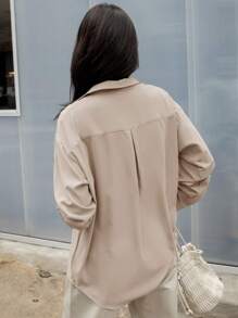 DAZY Solid Button Front Drop Shoulder Shirt,Long Sleeve Tops,Fall Women Clothes - Beige - View 2