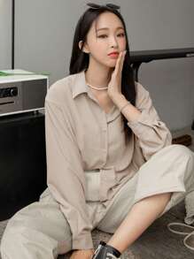DAZY Solid Button Front Drop Shoulder Shirt,Long Sleeve Tops,Fall Women Clothes - Beige - View 3