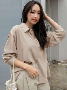 DAZY Solid Button Front Drop Shoulder Shirt,Long Sleeve Tops,Fall Women Clothes - Beige - View 4