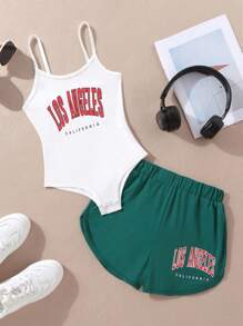 Cô gái Đồ họa Chữ cái Áo liền quần dây treo & Quần short - Nhiều màu - Xem 1