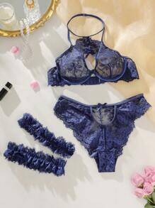 SHEIN Classic Sexy 花卉蕾絲鋼圈內衣套裝帶1雙腿圈 - 藏蓝色 - 查看 6