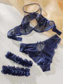 SHEIN Classic Sexy 花卉蕾絲鋼圈內衣套裝帶1雙腿圈 - 藏蓝色 - 查看 7