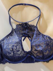 SHEIN Classic Sexy 花卉蕾絲鋼圈內衣套裝帶1雙腿圈 - 藏蓝色 - 查看 8