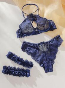 SHEIN Classic Sexy 花卉蕾絲鋼圈內衣套裝帶1雙腿圈 - 藏蓝色 - 查看 10