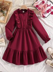SHEIN Tween Girl Ruffle Trim Flounce Sleeve Dress - Burgundy - View 1