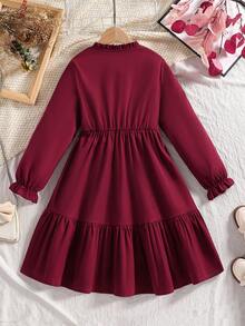 SHEIN Tween Girl Ruffle Trim Flounce Sleeve Dress - Burgundy - View 2