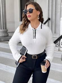 SHEIN Privé 大碼拼接邊Polo領套頭毛衣 - 白色 - 查看 4