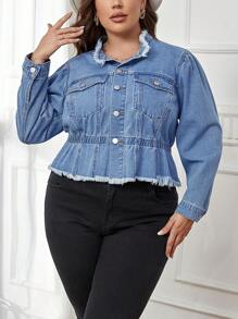 SHEIN Privé Plus Raw Hem Denim Jacket - Light Wash - View 1