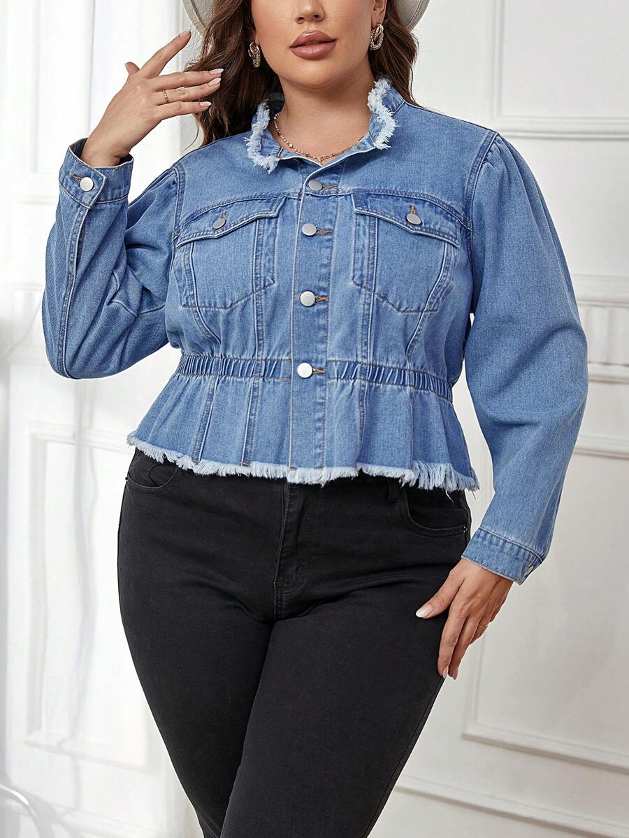 SHEIN Privé Plus Raw Hem Denim Jacket - Light Wash - View 1