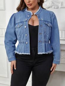 SHEIN Privé Plus Raw Hem Denim Jacket - Light Wash - View 4