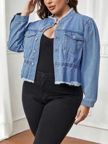 SHEIN Privé Plus Raw Hem Denim Jacket - Light Wash - View 6