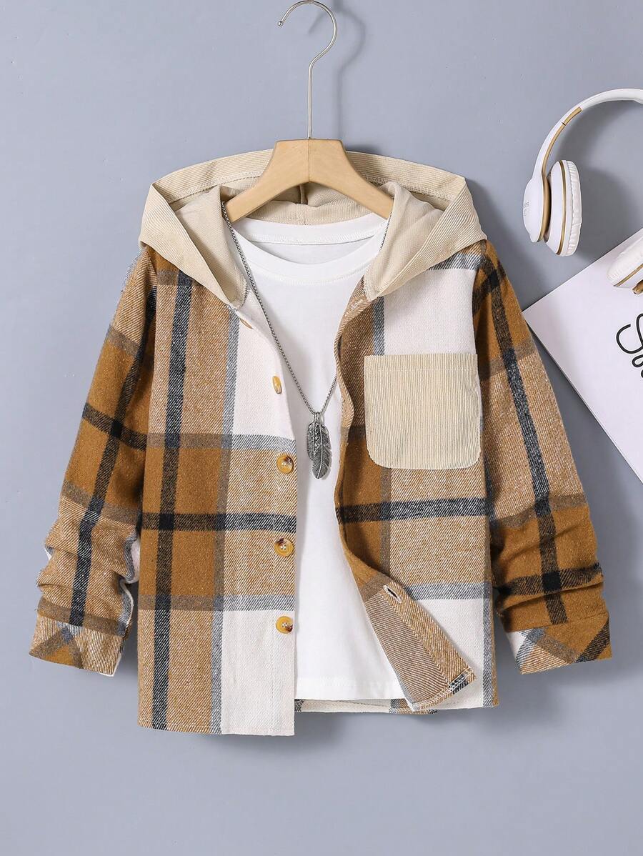 SHEIN Tween Boy Plaid Print Hooded Jacket Without Tee - Brown - View 1