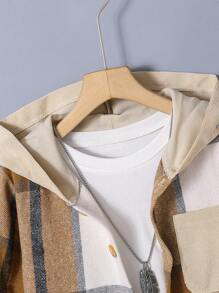 SHEIN Tween Boy Plaid Print Hooded Jacket Without Tee - Brown - View 4