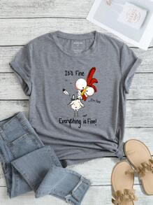 INAWLY Áo thun họa tiết hoạt hình và khẩu hiệu It's Fine I'm Fine Everything Is Fine Áo thun họa tiết nữ - Xám - Xem 1
