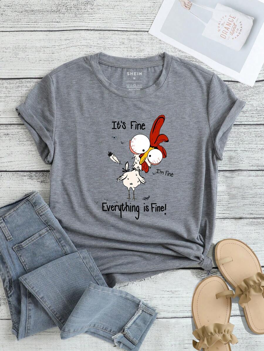 INAWLY Áo thun họa tiết hoạt hình và khẩu hiệu It's Fine I'm Fine Everything Is Fine Áo thun họa tiết nữ - Xám - Xem 1