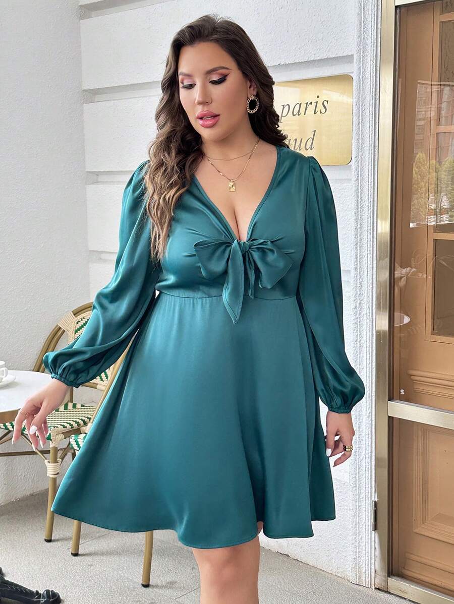 SHEIN Privé Plus Knot Front Lantern Sleeve Dress - Teal Blue - View 1