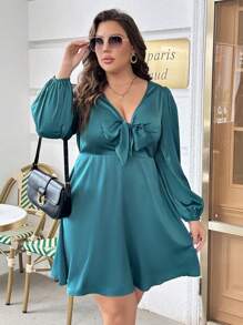 SHEIN Privé Plus Knot Front Lantern Sleeve Dress - Teal Blue - View 4