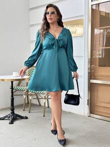 SHEIN Privé Plus Knot Front Lantern Sleeve Dress - Teal Blue - View 5