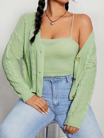 SHEIN EZwear Plus Cable Knit Drop Shoulder Cardigan & Cami Knit Top