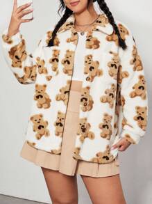 SHEIN EZwear 大碼熊圖案落肩袖絨毛外套 - 白色 - 查看 1