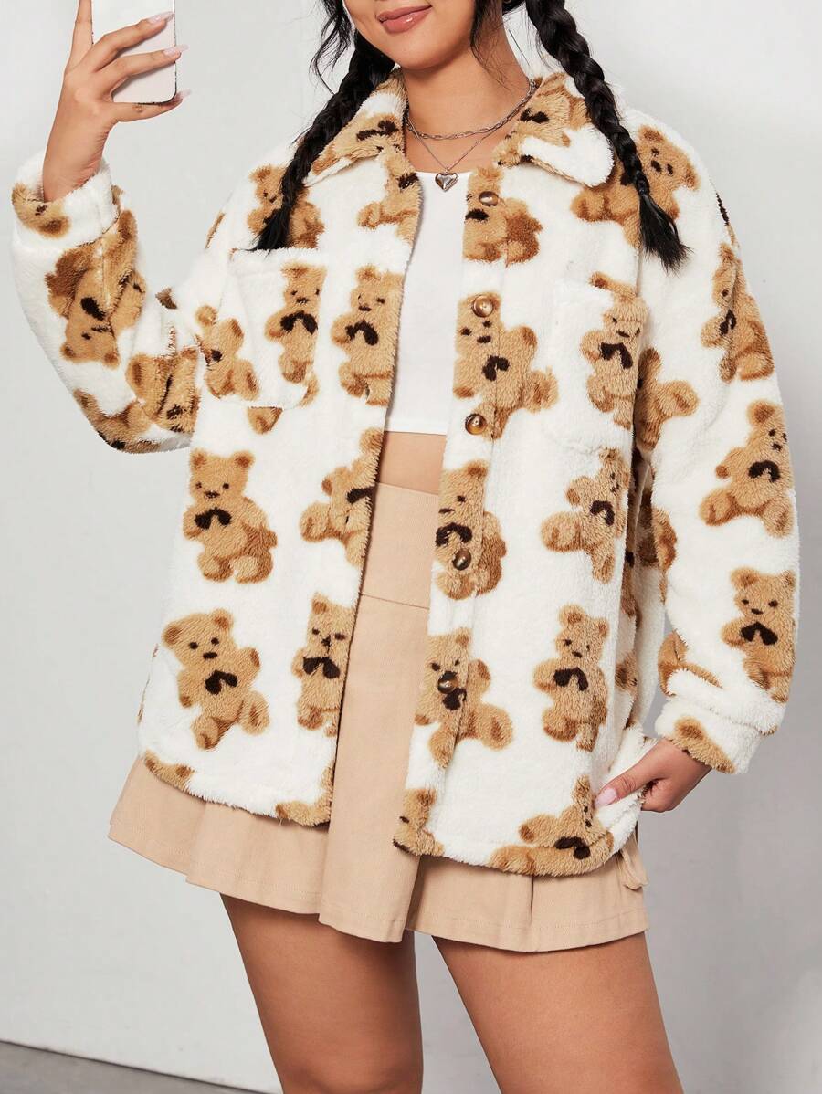 SHEIN EZwear 大碼熊圖案落肩袖絨毛外套 - 白色 - 查看 1