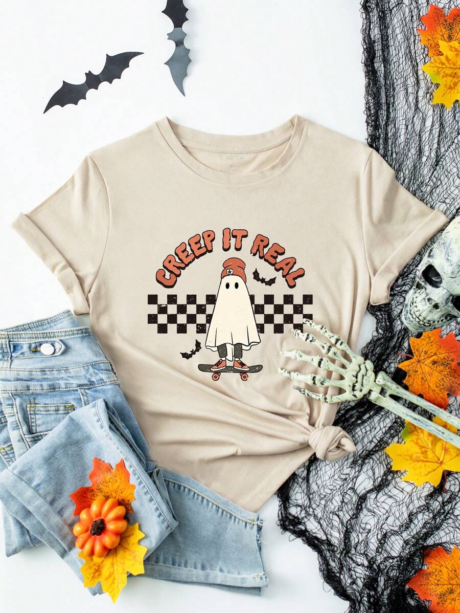 INAWLY 萬聖印花T恤 - 杏色 - 查看 1