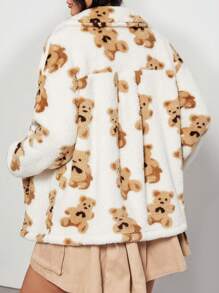 SHEIN EZwear 大碼熊圖案落肩袖絨毛外套 - 白色 - 查看 2