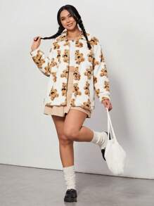 SHEIN EZwear 大碼熊圖案落肩袖絨毛外套 - 白色 - 查看 3