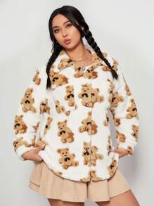 SHEIN EZwear 大碼熊圖案落肩袖絨毛外套 - 白色 - 查看 4