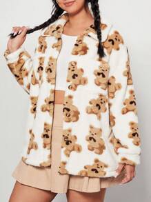 SHEIN EZwear 大碼熊圖案落肩袖絨毛外套 - 白色 - 查看 5