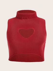 SHEIN Qutie Hơn Heart Cut Out  Áo cao cổ Áo đan Crop - Đỏ - Xem 1