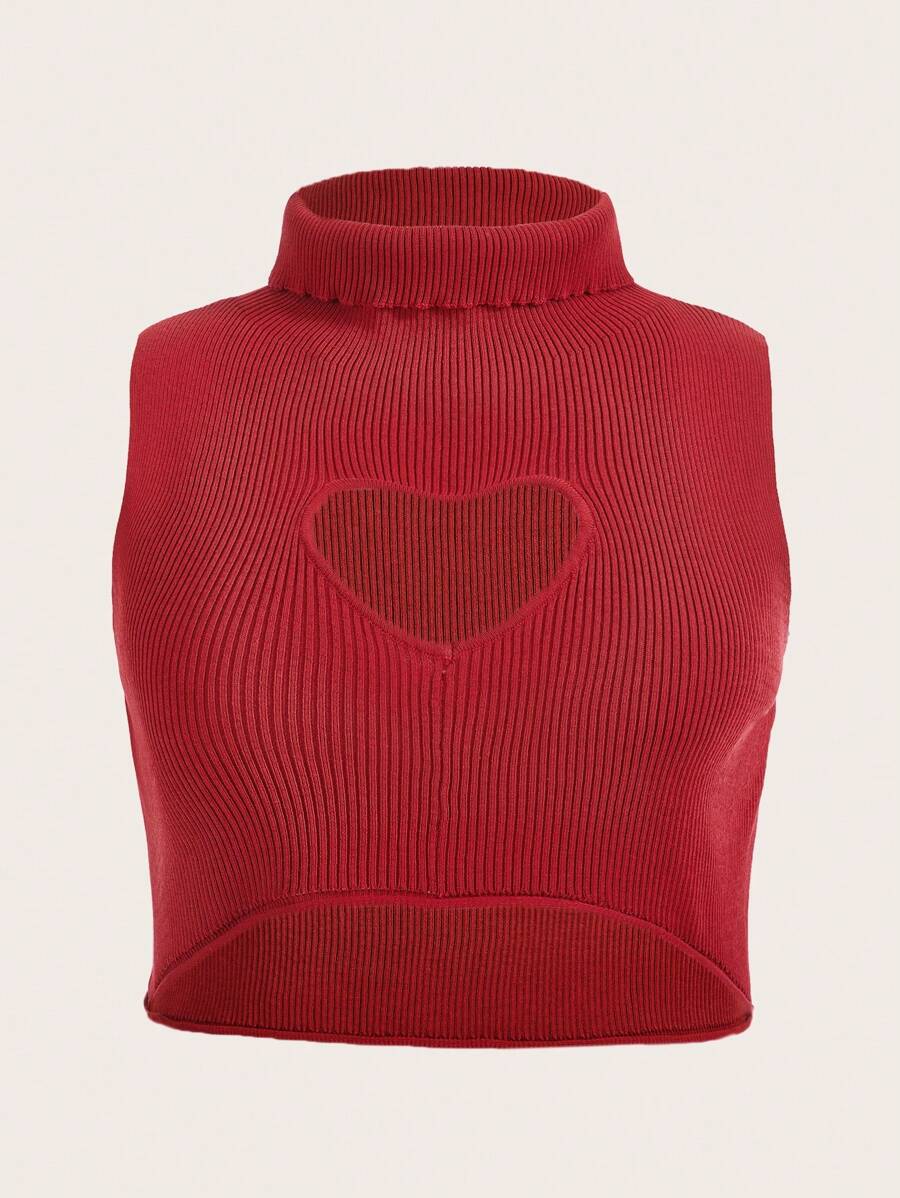 SHEIN Qutie Hơn Heart Cut Out  Áo cao cổ Áo đan Crop - Đỏ - Xem 1