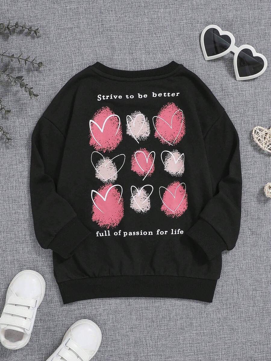 SHEIN Young Girl Heart & Slogan Graphic Sweatshirt - Black - View 1