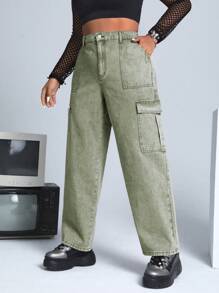 SHEIN ICON 大碼側翻蓋口袋工裝牛仔褲 - 軍綠色 - 查看 1