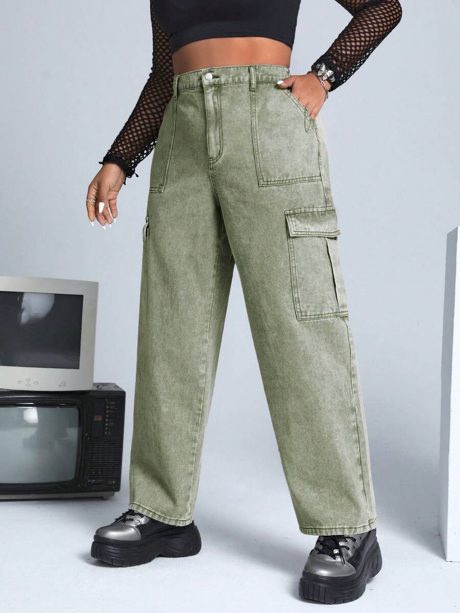 SHEIN ICON 大碼側翻蓋口袋工裝牛仔褲 - 軍綠色 - 查看 1
