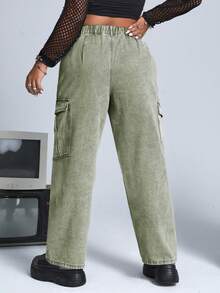 SHEIN ICON 大碼側翻蓋口袋工裝牛仔褲 - 軍綠色 - 查看 2