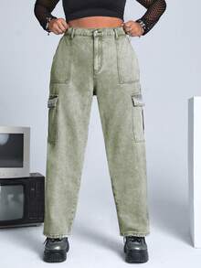 SHEIN ICON 大碼側翻蓋口袋工裝牛仔褲 - 軍綠色 - 查看 3