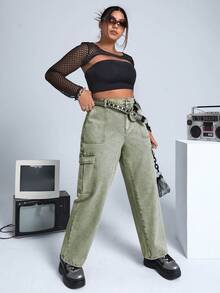 SHEIN ICON 大碼側翻蓋口袋工裝牛仔褲 - 軍綠色 - 查看 4