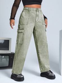 SHEIN ICON 大碼側翻蓋口袋工裝牛仔褲 - 軍綠色 - 查看 5