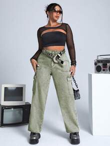 SHEIN ICON 大碼側翻蓋口袋工裝牛仔褲 - 軍綠色 - 查看 6