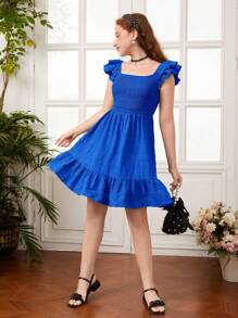 SHEIN Teen Girl Ruffle Trim Ruffle Hem Dress - Royal Blue - View 4