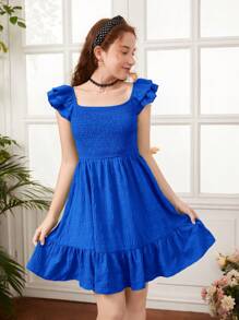 SHEIN Teen Girl Ruffle Trim Ruffle Hem Dress - Royal Blue - View 6